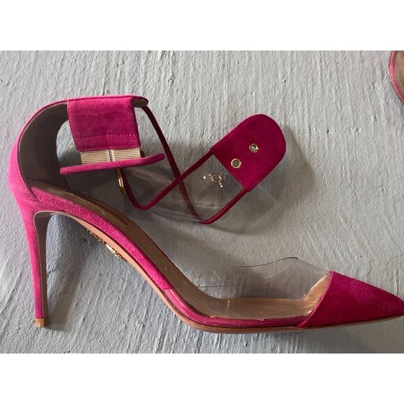 AQUAZZURA Pink Suede Nude Clear PVC Heels Ankle Wrap Shoes Pumps Heels Sz 38.5 - Picture 16 of 16